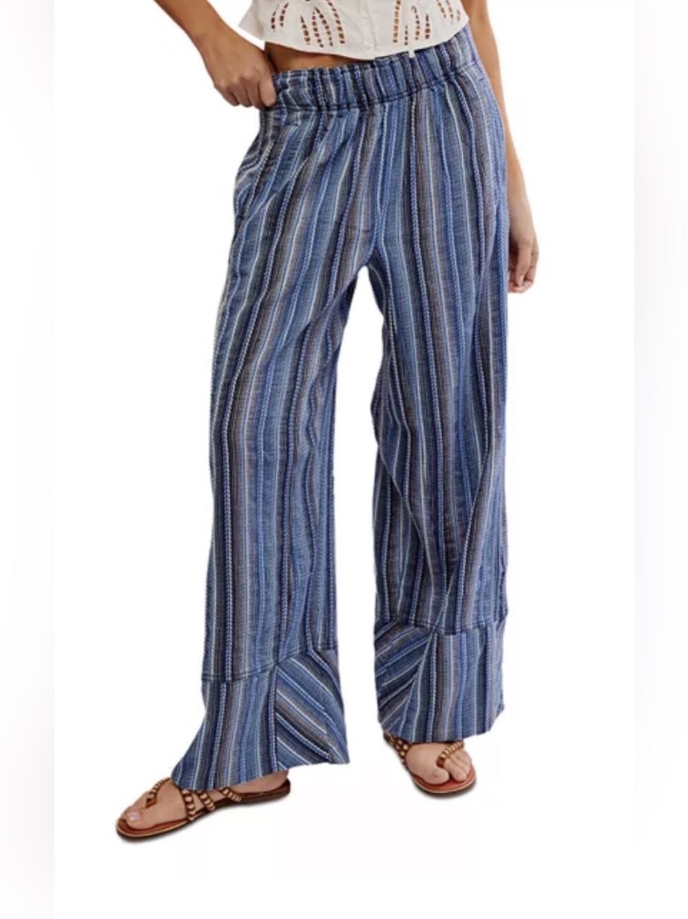 NWOT Women's Free People Days in Wide-Leg Striped Lounge Pants Blue Size Small